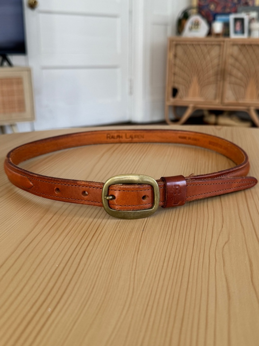 Vintage 80s Ralph Lauren Tan Vaccheta Leather Belt RL Stamp Italy Size 30”